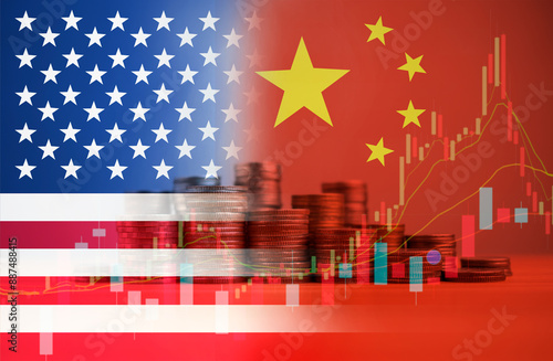 USA and China flag on coins stacking. Represents symbol of economic tariffs trade war and tax barrier between United States of America and China, Recession conflict tax business finance money