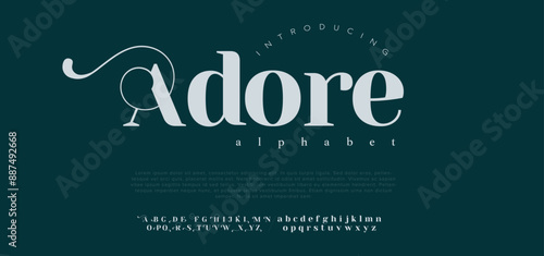 Adore Elegant Font Uppercase Lowercase Number And Ampersand. Classic Lettering Minimal Fashion Designs. Typography modern serif fonts regular decorative vintage concept. vector illustration