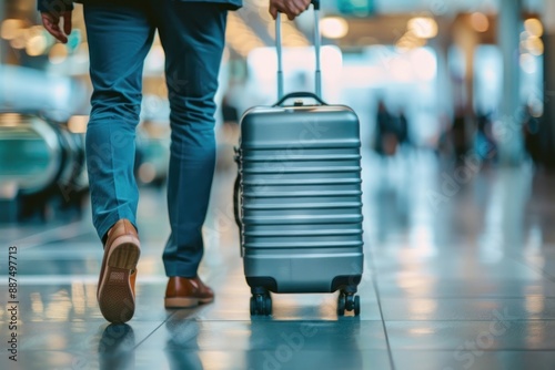 Close up Business traveler pulling suitcase on airport