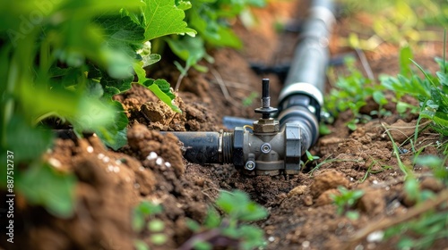 Close up of automated irrigation system with solenoid valves and PVC pipes underground