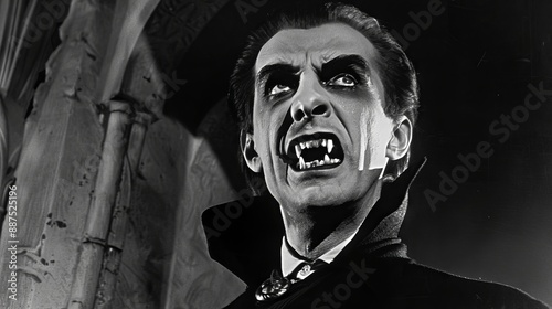 Black and white image of a menacing vampire with fangs in a dark gothic setting. Concept of horror, classic monster, supernatural figure, sinister expression, Halloween