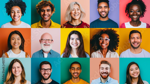 A grid of smiling people from different age groups and ethnicities,