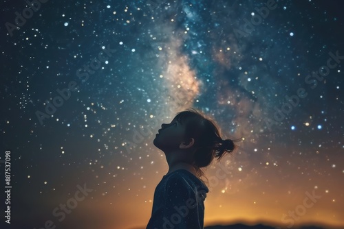 A child standing under a night sky filled with stars and the Milky Way, looking up in amazement