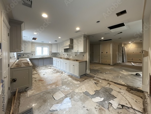 A wide-angle shot of a kitchen undergoing a complete renovation with cabinets removed and new flooring being installed