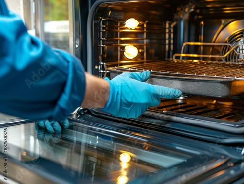 A worker carefully removing and replacing a worn-out oven door gasket to prevent heat loss and improve energy efficiency