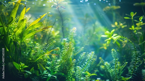 An aquarium filled with a variety of aquatic plants creating a vibrant underwater garden with delicate fronds and bright green hues enhancing the serene aquatic environment