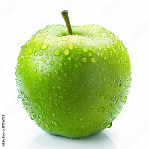 Close-up of a green apple covered in water droplets, isolated on a white background.