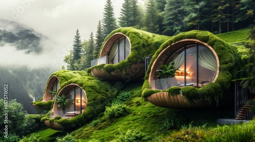 Eco-Friendly Homes in a Lush Forest - Three eco-friendly homes nestled in a lush green forest on a hillside overlooking a mountain range. The homes are built with sustainable materials and feature lar