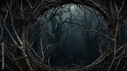 Dark Gothic fantasy backdrop framed by dry branches, thorns, ivy Old black worn grunge background bordered with horror dry branches and thorns Medieval cinematic dark fantasy theme.