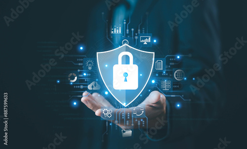 lock mark cybersecurity internet, protect attacks from a hacker. concept of password privacy on an online system, secure data from crime, virus cyber. cyber security technology digital information.