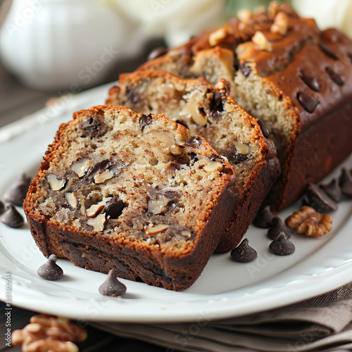 A warm banana bread with walnuts and chocolate chi 29 baking, baking cup, cake, color, cuisine, cupcake, dessert, food, furniture, high-key, on1 keyword ai, paper, table, wall, white, giga