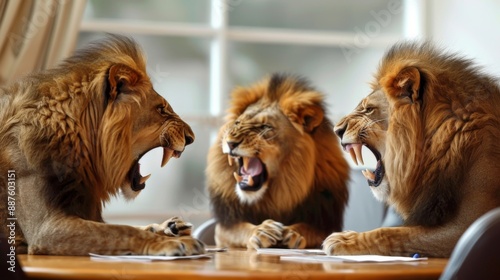 Lions arguing at a business meeting