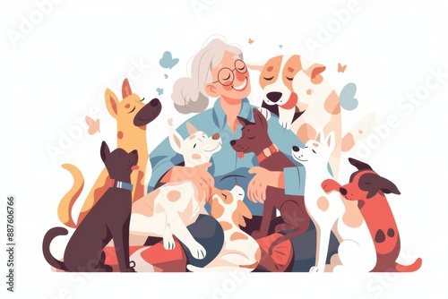 A retiree volunteering at a local animal shelter, cuddling and playing with rescue animals