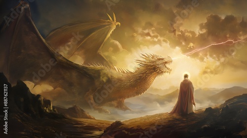 In Christian illustration, Jesus Christ is often depicted as a guardian against evil, like a soldier fighting a dragon, symbolizing the eternal battle of good versus evil in the context of the Bible a