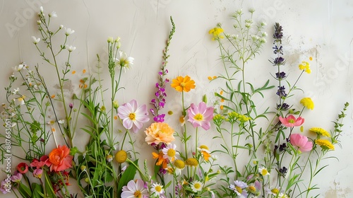 Rustic floral arrangement with wildflowers and greenery scattered on a cream background presenting a charming and natural aesthetic