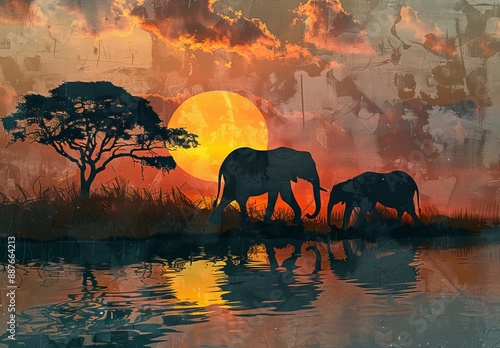 During the sunset, African elephants walk in silhouette