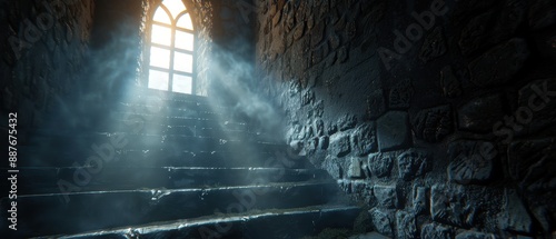 Sunlight Streaming Through Gothic Arched Window Illuminating Stone Staircase in Ancient Castle