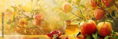 Rosh hashanah celebration. Jewish New Year holiday. Red apples, honey and pomegranates on a light background, Bokeh effect. Horizontal banner. Free space for text Greeting card, poster, postcard