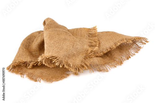 Old burlap fabric napkin, sackcloth piece isolated on white background.