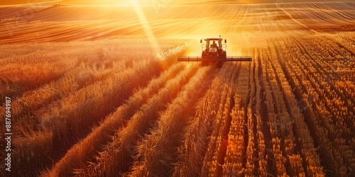 Aerial View of a Tractor Harvesting Wheat at Sunset