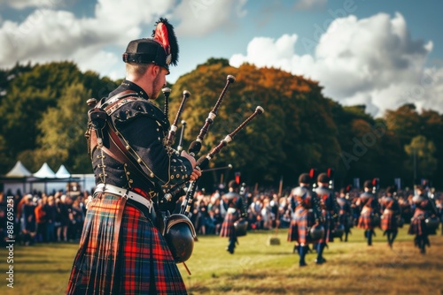 A traditional Scottish Highland games event, with athletes in kilts competing in caber toss