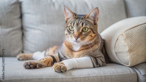 Adorable domestic cat lies comfortably on sofa at home after surgery, wearing postoperative bandage, receiving gentle care and treatment after cavitary operation.