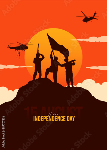 '15th August' and 'Happy Independence Day' Text with Indian Army Soldiers Vector Silhouette social media post banner design template. 