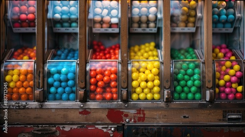 Vibrant gumballs in traditional American vending machine Assorted bubble gums in retro coin operated dispenser evoking nostalgia of youth and sunny days Assorted candies in antique vending