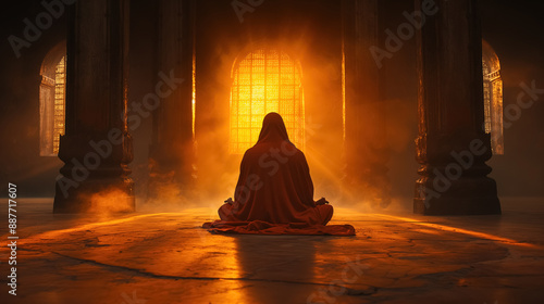 Monk in an orange robe sits meditating in a grand hall with sunlight streaming through a large window, creating a serene and mystical atmosphere.