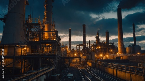 Illuminated industrial refinery at dusk, showcasing extensive infrastructure and manufacturing capabilities against a dramatic evening sky. 