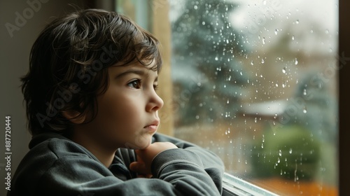 Thoughtful child gazing out of a rainy window reflecting deep thoughts and emotions on a gloomy day. Reflection and melancholy theme