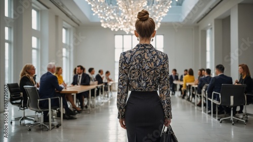 A businesswoman enters a conference room where colleagues are seated around a table, ready for a meeting under a modern chandelier. 