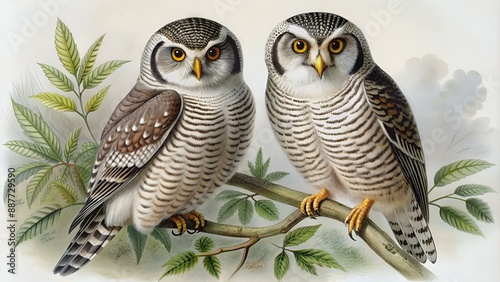 Couple of owls with white and dark strips on theyr feathers, both the birds are on a branch. Old illustration of Northern Hawk-Owl (Surnia ulula). By John Gould publ. In London 1862 - 1873