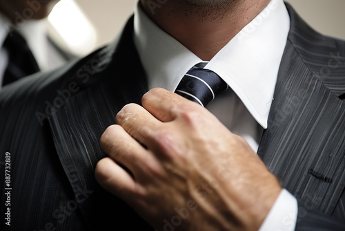 A man is getting ready to tie his tie. He is wearing a suit and tie, and he is adjusting the tie to make sure it is straight and neat. Concept of professionalism and formality