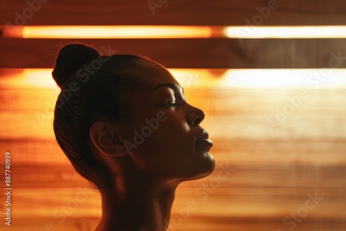 person enjoying the warmth of infrared sauna session, with eyes closed and serene expression, minimalist spa and natural wood textures, evoking feelings of rejuvenation and revitalization