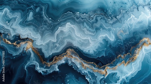 Golden veins ripple through a stormy blue sea of abstract liquid art