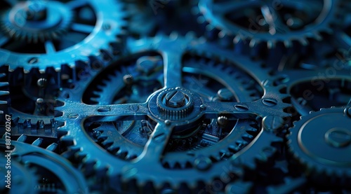 Gears and cogs macro in vintage old mechanism blue toned. AI generated illustration