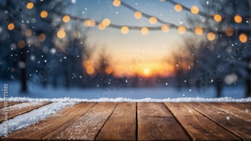 Wooden table top on blurred winter background with snow and bokeh lights - mockup for product display or montage.