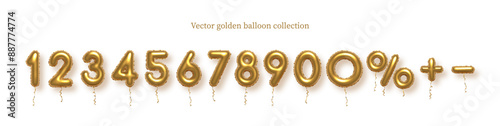 Birthday golden balloon numbers isolated on white background. Set of gold yellow isolated numbers. Bright metallic 3D realistic vector design elements for anniversary, celebration, party, sale.