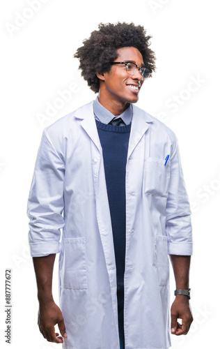 Afro american doctor scientist man over isolated background looking away to side with smile on face, natural expression. Laughing confident.