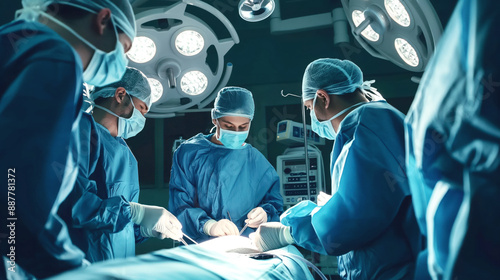 A surgical team operates in a well-lit operating room. The surgeons are wearing blue surgical gowns, masks, and gloves, focusing intently on the procedure.