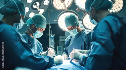 Group of surgeons performing surgery in an operating room under bright surgical lights.