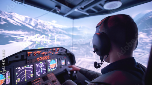 Person using a flight simulator with control panel and cockpit view of snowy mountains displayed on screens.