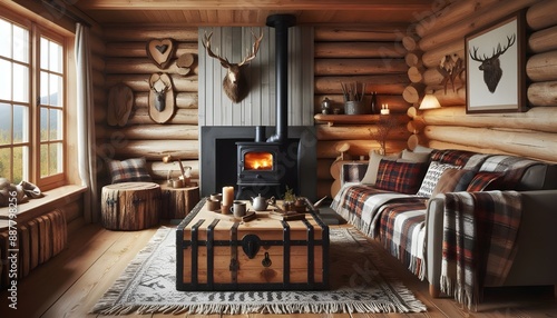 Rustic Living Room with Exposed Wooden Beams, 