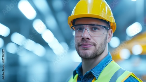 Confident Male Construction Worker in Safety Gear with Hard Hat and Safety Glasses in Industrial Setting, Close-Up Portrait