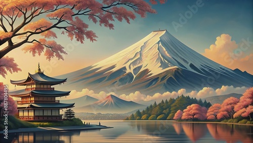 Nature painting featuring Mount Fuji in Japanese ukiyo-e style, landscape, kami, divinity, abstract, Nature