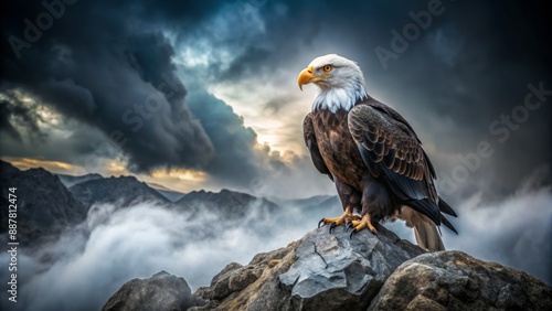 Dramatic American bald eagle perches on rugged rock, fierce gaze radiating fury amidst a stormy, misty atmospherically-lit wilderness backdrop.