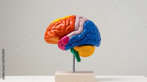 A colorful brain model is displayed on a wooden stand. The model is made of plastic and is designed to show the different parts of the brain. The colors of the model are red, blue, and yellow