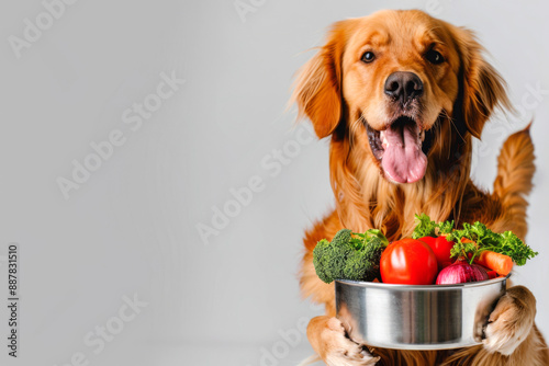 Golden Retriever holding a bowl with a variety of fresh foods, emphasizing a healthy diet for dogs