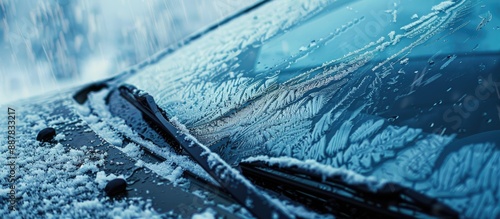 Close up view of snowy windshield on a car in winter with ample copy space image included